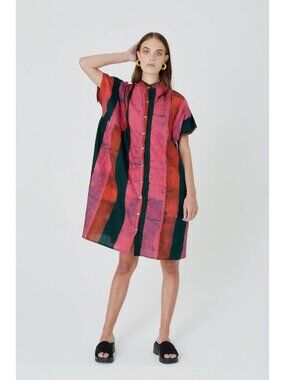 Osei Duro Womens 2X Bata Dress in Pink/Red Carmine Striped Oversize Sustainable